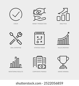Set von Vektorlinien-Symbolen für Award Winning, Scheck, Geldtransaktion und mehr. Sammlung von 9 Business Management App Outline Icons.