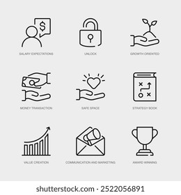 Conjunto de iconos de línea de Vector para ganar premios, expectativas salariales, desbloquear y más. Colección de 9 iconos de esquema de App de gestión empresarial.