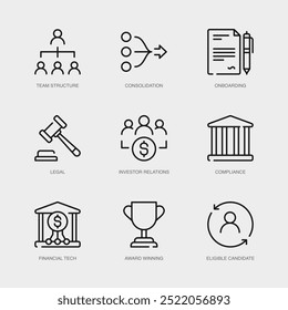 Conjunto de iconos de línea de Vector para ganador de premios, candidato elegible, estructura de Equipo y más. Colección de 9 iconos de esquema de App de gestión empresarial.