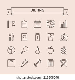 Set of vector line icons for balanced dieting, weight loss, keeping fit, nutrition system, healthy lifestyle isolated on light background