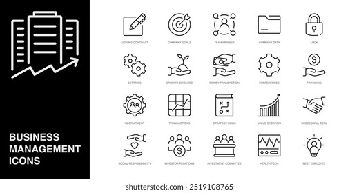 Satz von Vektorlinien-Symbolen für den besten Mitarbeiter, Unterschriftsvertrag, Unternehmensziele und mehr. Sammlung von 20 Business Management App Outline Icons.