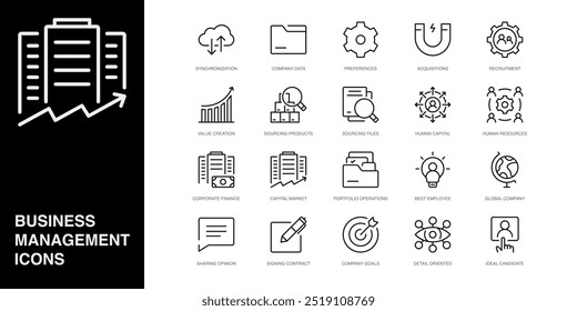 Conjunto de iconos de línea de Vector para el mejor empleado, empresa global, compartiendo opinión y más. Colección de 20 iconos de esquema de App de gestión empresarial.