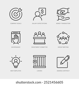Set of Vector Line Icons for Best Employee, Signing Contract and more. Collection of 9 Business Management App Outline Icons.