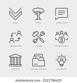 Set of Vector Line Icons for Best Employee, Arrow, Growth and more. Collection of 9 Business Management App Outline Icons.