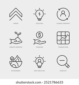 Set of Vector Line Icons for Best Employee, Zoom Out, Arrow and more. Collection of 9 Business Management App Outline Icons.