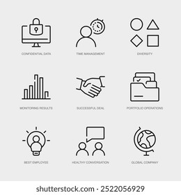 Conjunto de iconos de línea de Vector para el mejor empleado, conversación saludable, empresa global y más. Colección de 9 iconos de esquema de App de gestión empresarial.