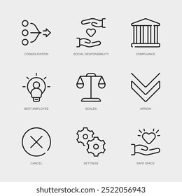 Set of Vector Line Icons for Best Employee, Scales, Arrow and more. Collection of 9 Business Management App Outline Icons.