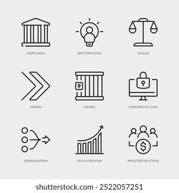 Set of Vector Line Icons for Best Employee, Scales, Arrow and more. Collection of 9 Business Management App Outline Icons.