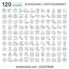 Set of vector line icons of blockchain and cryptocurrency for modern concepts, web and apps.