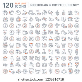 Set of vector line icons of blockchain and cryptocurrency for modern concepts, web and apps.