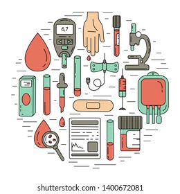 Set of vector line icons of blood testing items - syringe, tubes, microscope, syringe needle, pipette, plaster, dropper, blood glucose meter