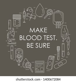 Set of vector line icons of blood testing items - syringe, tubes, microscope, syringe needle, pipette, plaster, dropper, blood glucose meter