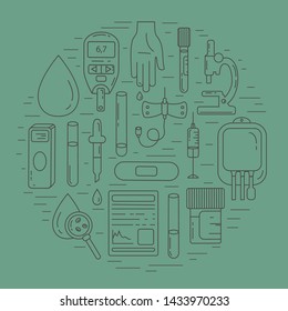 Set of vector line icons of blood testing items - syringe, tubes, microscope, syringe needle, pipette, plaster, dropper, blood glucose meter