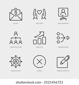 Conjunto de Ícones de Linha Vetorial para Cancelar, Assinar Contrato, Salário e mais. Coleção de 9 Ícones de Estrutura de Tópicos de Aplicativo de Gerenciamento de Negócios.