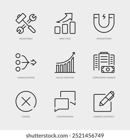 Set of Vector Line Icons for Cancel, Conversation, Signing Contract and more. Collection of 9 Business Management App Outline Icons