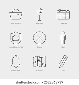 Set of Vector Line Icons for Cancel, Adult, Notification and more. Editable collection of 9 Airline Outline Icons.