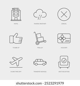 Set of Vector Line Icons for Cancel, Thumb Up, Trolley and more. Editable collection of 9 Airline Outline Icons.