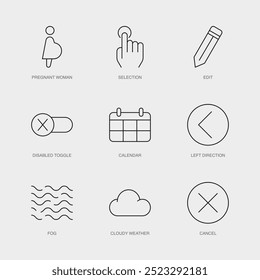 Set of Vector Line Icons for Cancel, Pregnant Woman, Selection and more. Editable collection of 9 Airline Outline Icons.