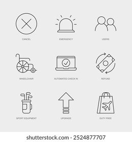 Set of Vector Line Icons for Cancel, Emergency, Users and more. Editable collection of 9 Airline Outline Icons.