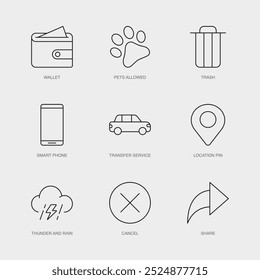 Conjunto de ícones de linha de vetor para Cancelar, Compartilhar, Wallet e muito mais. Coleção editável de 9 ícones de contorno de linha aérea.