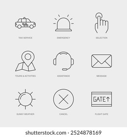 Conjunto de iconos de línea de Vector para cancelar, puerta de vuelo, servicio de taxi y más. Colección editable de 9 iconos de líneas aéreas.
