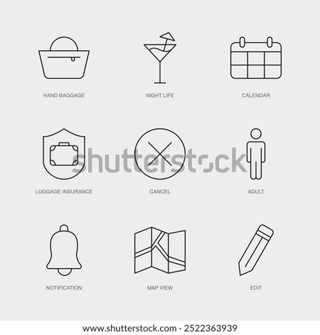 Set of Vector Line Icons for Cancel, Adult, Notification and more. Editable collection of 9 Airline Outline Icons.