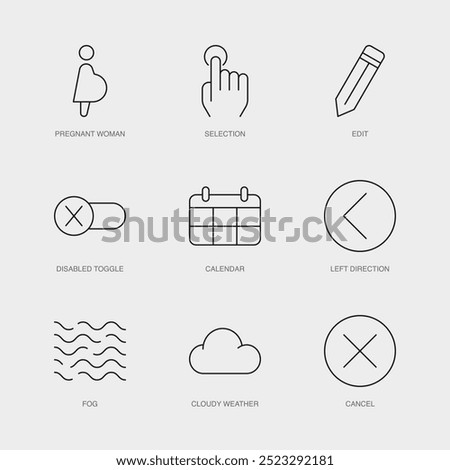 Set of Vector Line Icons for Cancel, Pregnant Woman, Selection and more. Editable collection of 9 Airline Outline Icons.