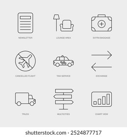 Set of Vector Line Icons for Cancelled Flight, Taxi Service, Exchange and more. Editable collection of 9 Airline Outline Icons.