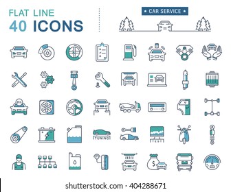 Set vector line icons car service, auto repair and transport in flat design with elements for mobile concepts and web apps. Collection modern infographic logo and pictogram.