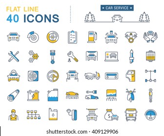 Set vector line icons car service, auto repair and transport in flat design with elements for mobile concepts and web apps. Collection modern infographic logo and pictogram.