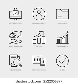 Conjunto de iconos de línea de Vector para cheque, datos confidenciales, candidato elegible y más. Colección de 9 iconos de esquema de App de gestión empresarial.