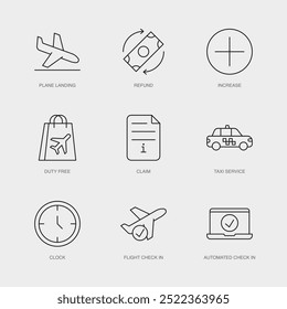 Set of Vector Line Icons for Claim, Taxi Service, Clock and more. Editable collection of 9 Airline Outline Icons.
