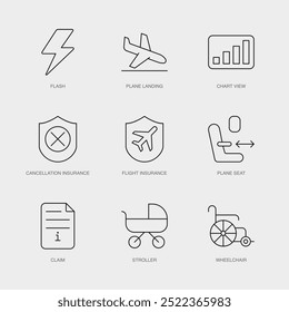 Conjunto de iconos de línea de Vector para Reclamo, cochecito, silla de ruedas y más. Colección editable de 9 iconos de líneas aéreas.