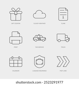 Set of Vector Line Icons for Claim, Print, Taxi Service and more. Editable collection of 9 Airline Outline Icons.