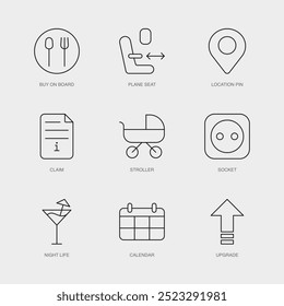 Set of Vector Line Icons for Claim, Stroller, Socket and more. Editable collection of 9 Airline Outline Icons.