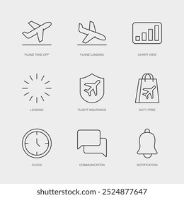 Set of Vector Line Icons for Clock, Communication, Notification and more. Editable collection of 9 Airline Outline Icons.