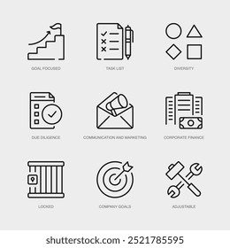 Conjunto de ícones de linha vetorial para metas da empresa, ajustável e muito mais. Coleção de 9 Ícones de Estrutura de Tópicos de Aplicativo de Gerenciamento de Negócios.