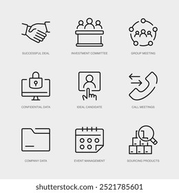 Set von Vektorlinien-Symbolen für vertrauliche Daten, idealen Kandidaten, Anrufbesprechungen und mehr. Sammlung von 9 Business Management App Outline Icons.