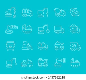 Set of vector line icons of construction transport for modern concepts, web and apps. 