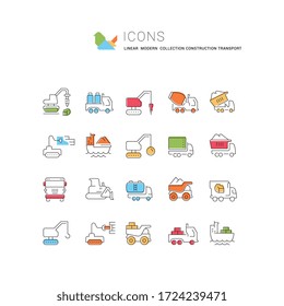 Conjunto de iconos vectoriales de transporte de construcción para conceptos modernos, web y aplicaciones. 