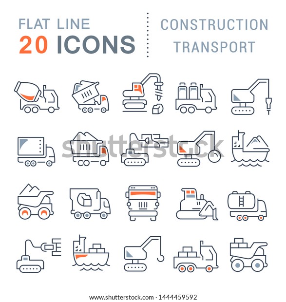 Set of vector line icons of construction\
transport for modern concepts, web and apps.\
