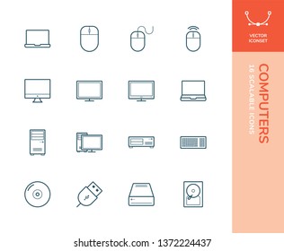 Set of vector line icons containing computer's peripherals and parts, i.e. screen, laptop, mouse, keyboard, cd, usb, hdd etc.