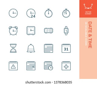 Set of vector line icons containing date & time symbols like clock, calendar, watch etc,