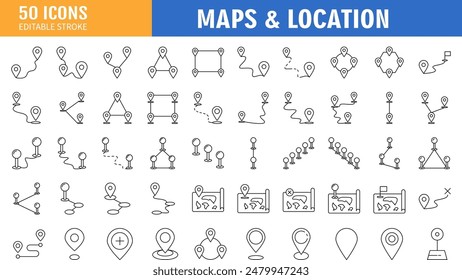 Set of Vector Line Icons. Contains such Icons as Map with a Pin, Route map, Navigator, Direction, location and more. Editable Stroke icon