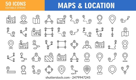 Set of Vector Line Icons. Contains such Icons as Map with a Pin, Route map, Navigator, Direction, location and more. Editable Stroke icon