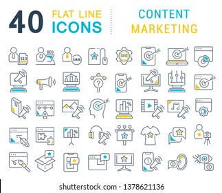 Set of vector line icons of content marketing for modern concepts, web and apps.