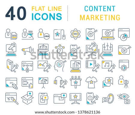 Set of vector line icons of content marketing for modern concepts, web and apps.