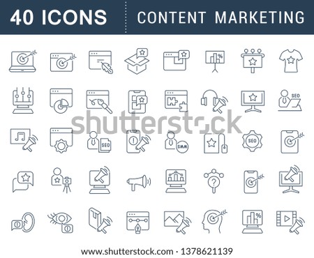 Set of vector line icons of content marketing for modern concepts, web and apps.