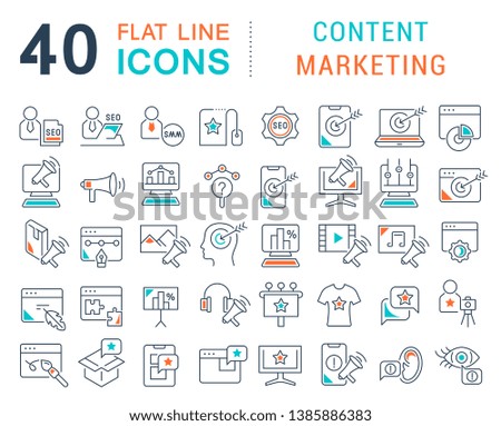 Set of vector line icons of content marketing for modern concepts, web and apps.