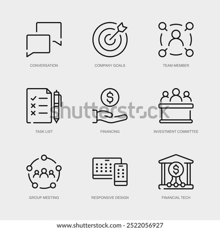 Set of Vector Line Icons for Conversation, Company Goals, Team Member and more. Collection of 9 Business Management App Outline Icons.
